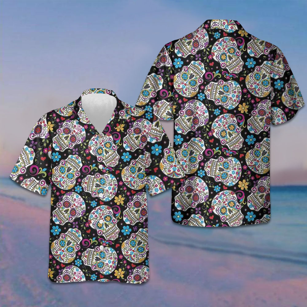Sugar Skulls With Flowers Hawaiian Shirt Mexican Skull Shirt Day Of The Dead Gift -WearandDecor