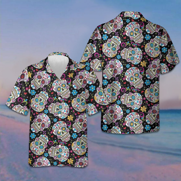 Sugar Skulls With Flowers Hawaiian Shirt Mexican Skull Shirt Day Of The Dead Gift -WearandDecor