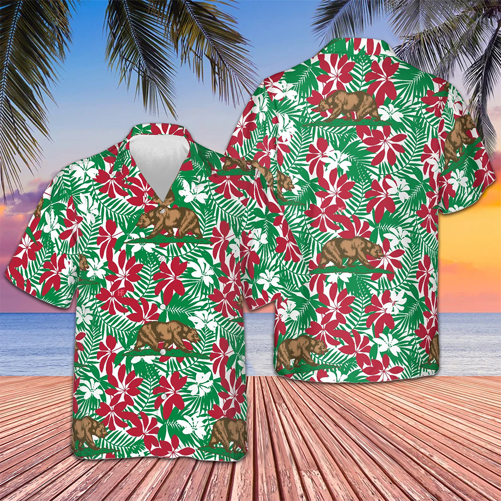 Bear California Flag Pattern Hawaiian Shirt Patriotic Men's Button Down Shirts For Summer -WearandDecor