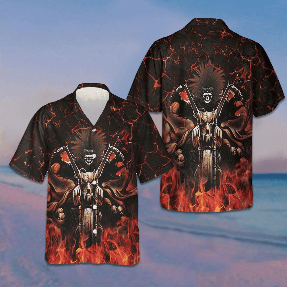 Skull Biker Racing Hawaiian Shirt Men's Button Up Shirt Gifts For Motorcycle Enthusiasts -WearandDecor