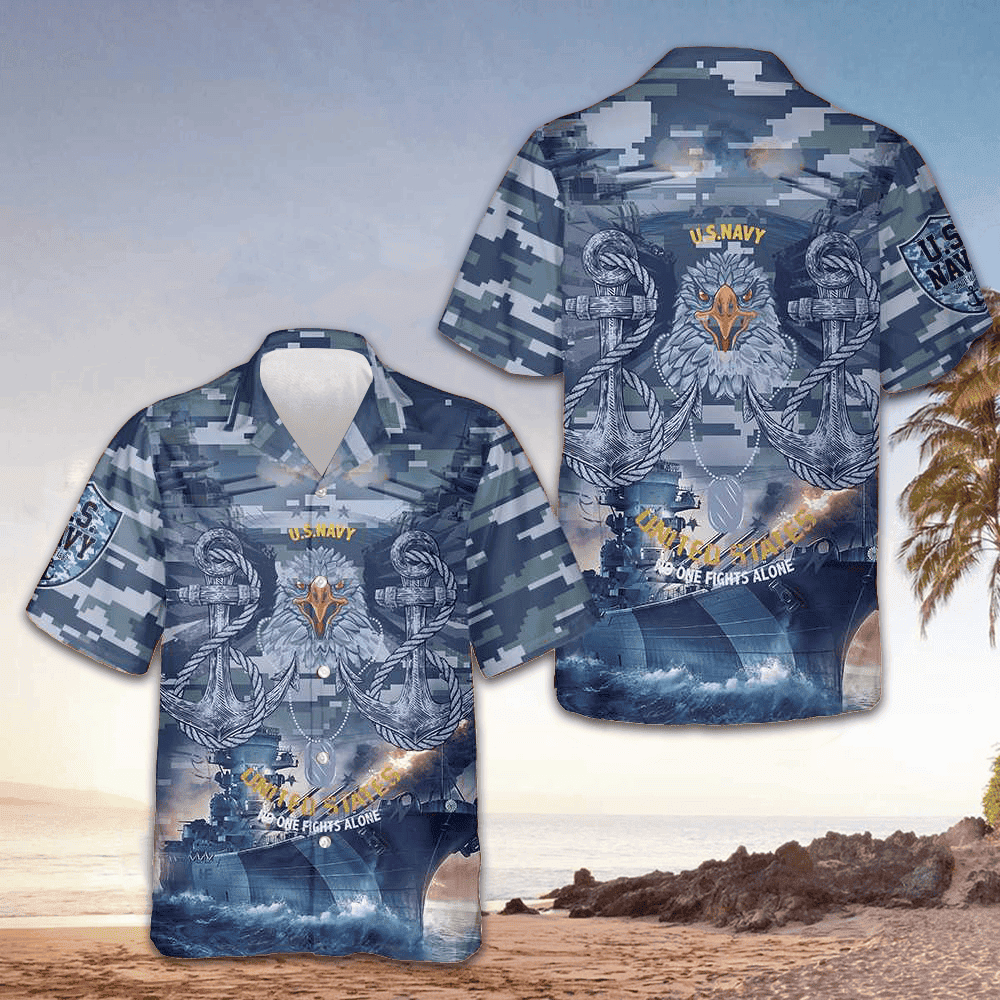 US Navy Veteran No One Fights Alone Hawaiian Shirt Camo Button Up Shirt Gifts For Navy Veterans -WearandDecor