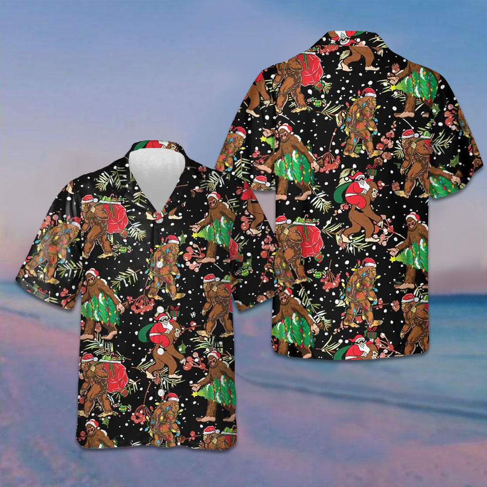 Bigfoot Santa Claus With Christmas Pattern Hawaiian Shirt Funny Christmas Bigfoot Shirt Gifts -WearandDecor