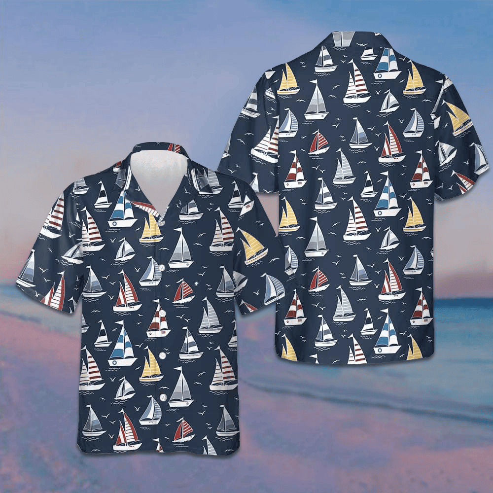 Cartoon Boat Pattern Hawaiian Shirt Beach Button Up Shirt Gifts For Brother -WearandDecor