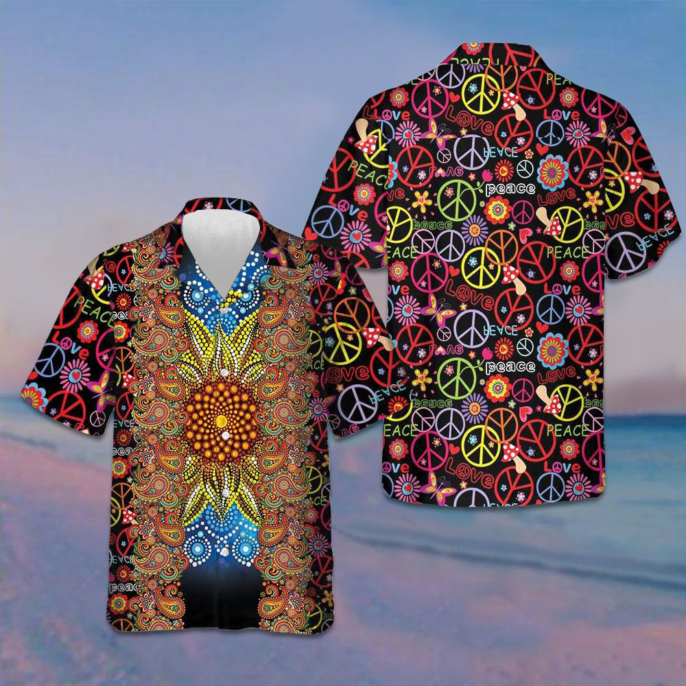 Vibrant Color Hippie Hawaiian Shirt Peace Sign Pattern Shirt Gifts For Boyfriend -WearandDecor