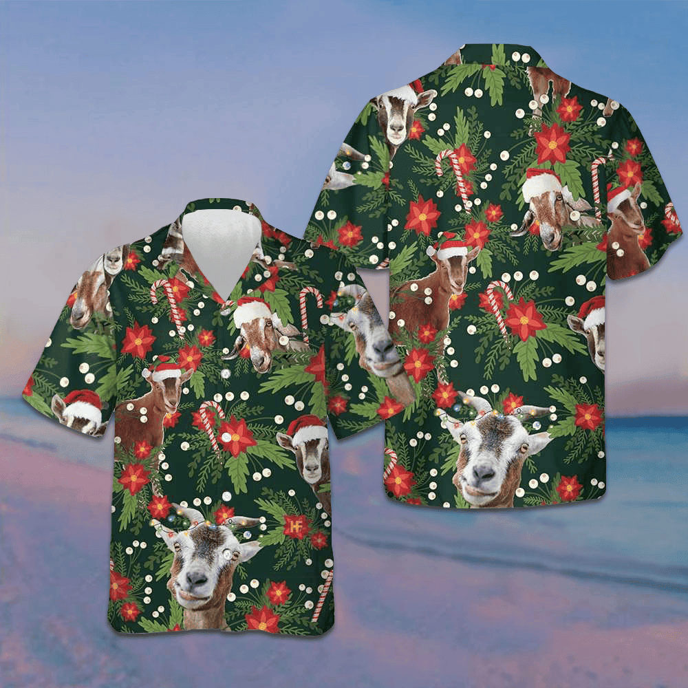 Christmas Goat With Poinsettia Flower Hawaiian Shirt Funny Xmas Goat Shirt Gifts For Guys -WearandDecor