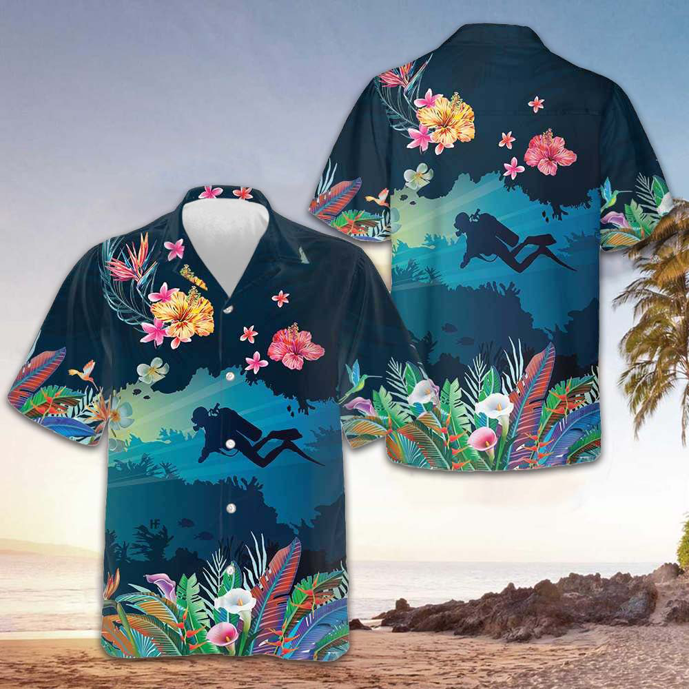 Tropical Scuba Diving Hawaiian Shirt Button Down Beach Shirts Gifts For Scuba Divers -WearandDecor