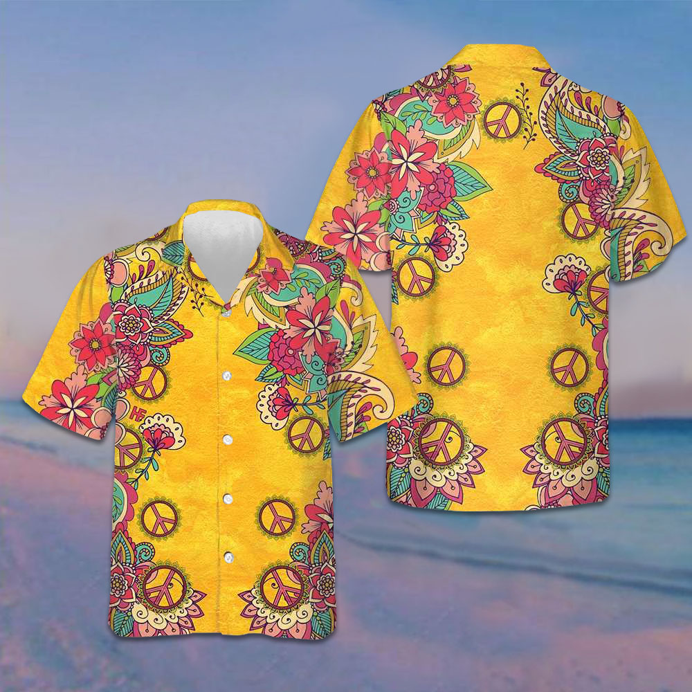 Yellow Hippie Peace Sign And Flowers Hawaiian Shirt Button Up Summer Shirts For Men -WearandDecor