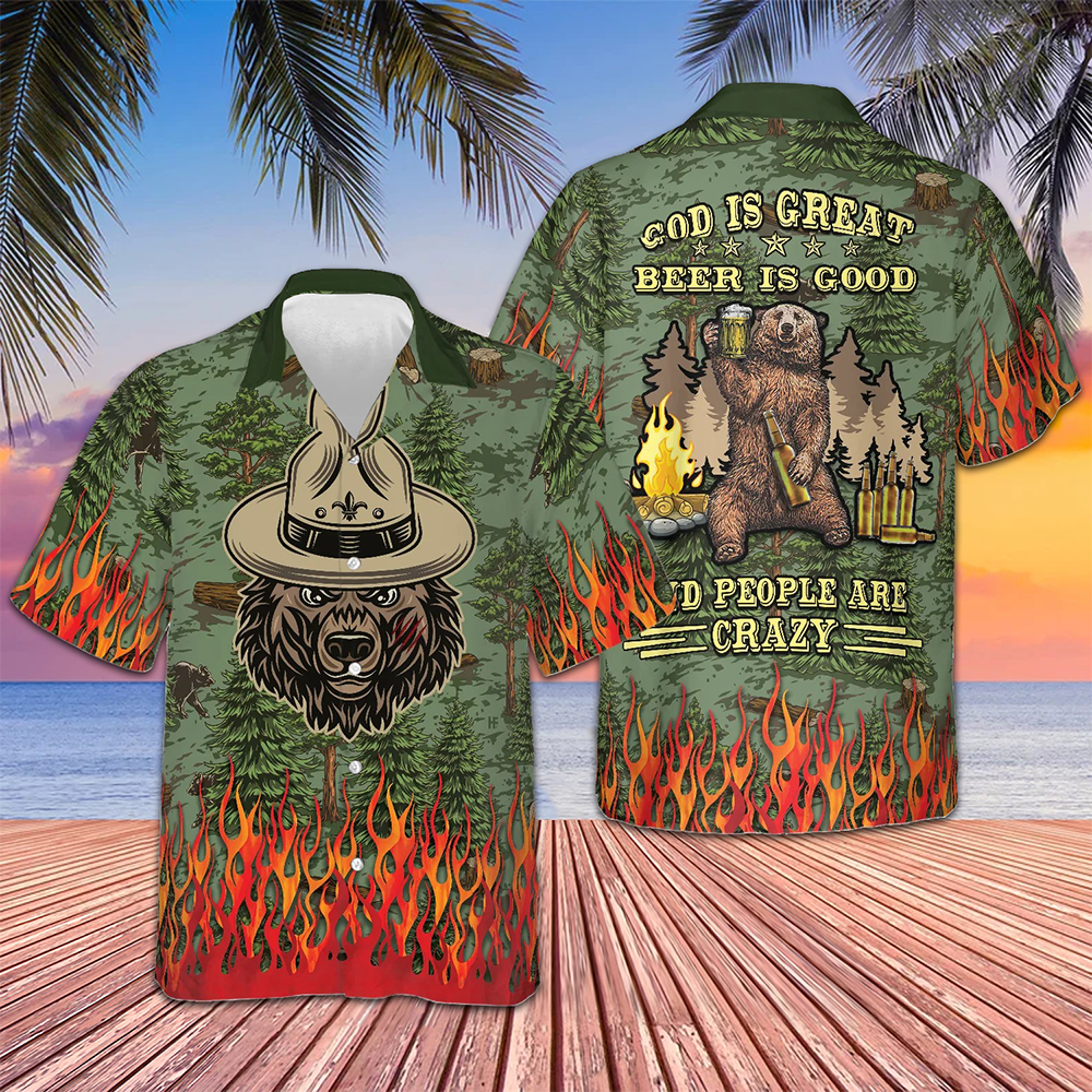 Camping Sheriff Bear Drink Beer Hawaiian Shirt God Is Great Beer Is Good And People Are Crazy -WearandDecor
