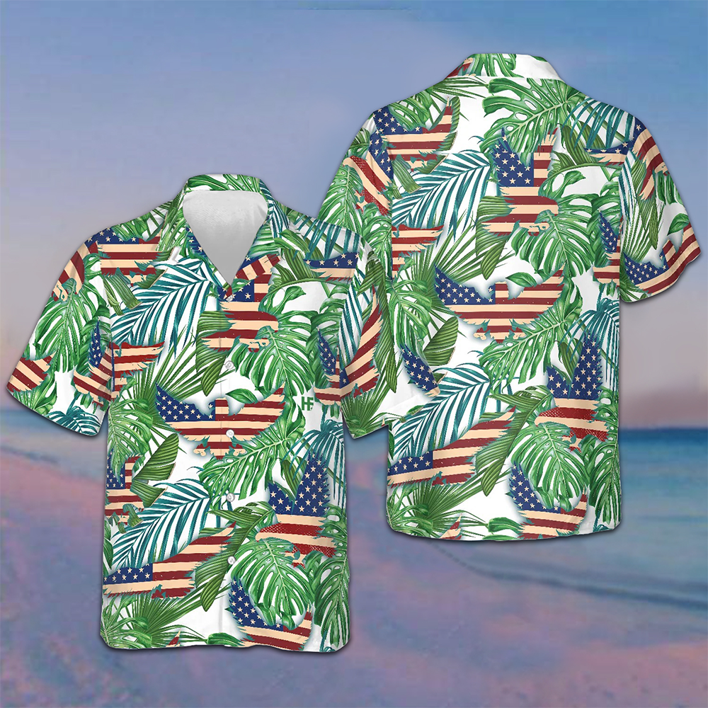 Tropical American Flag Hawaiian Shirt Beach Button Up Patriotic Gifts For Him -WearandDecor