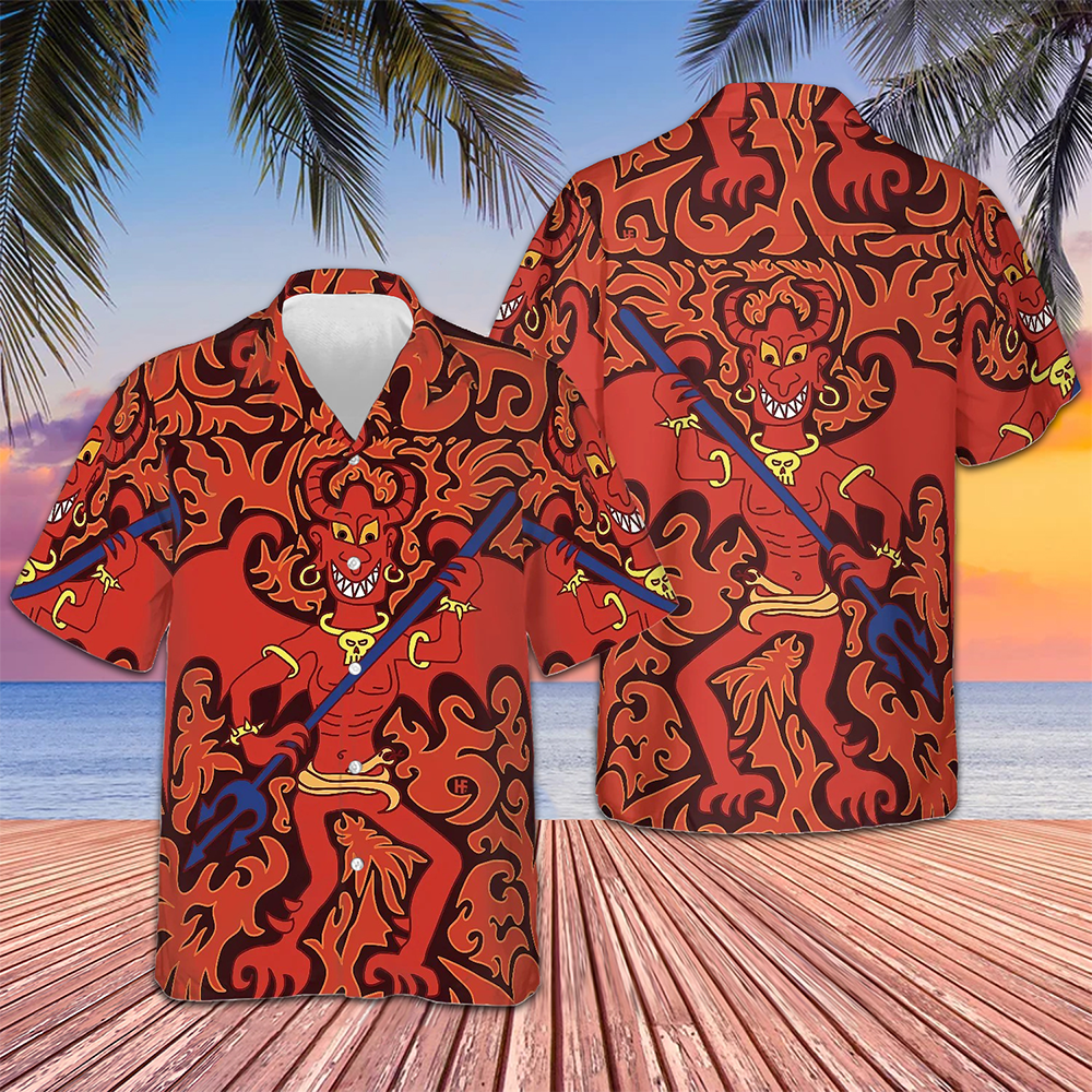 Cartoon Style Demon Satanic Goth Gothic Hawaiian Shirt Red Button Up Shirt Summer Gift Ideas -WearandDecor