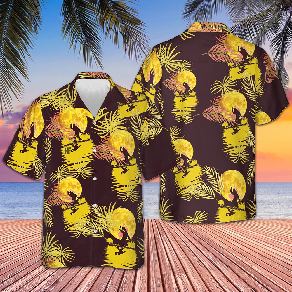 Purple And Yellow Moonlight Bigfoot Hawaiian Shirt Tropical Short Sleeve Button Down Men's -WearandDecor
