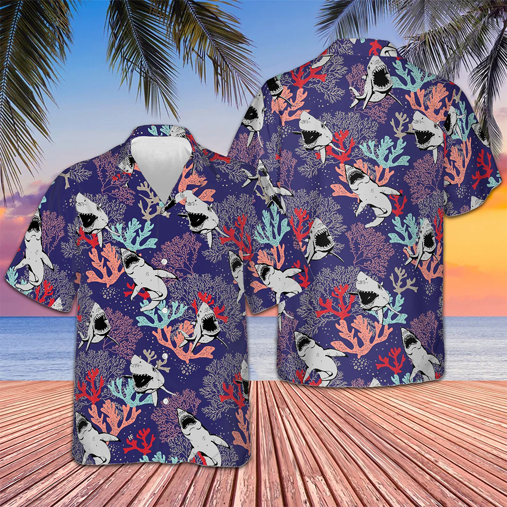 Blue Ocean Coral Sharks Hawaiian Shirt Button Up Summer Shirts For Men Good Gifts For Boyfriend -WearandDecor