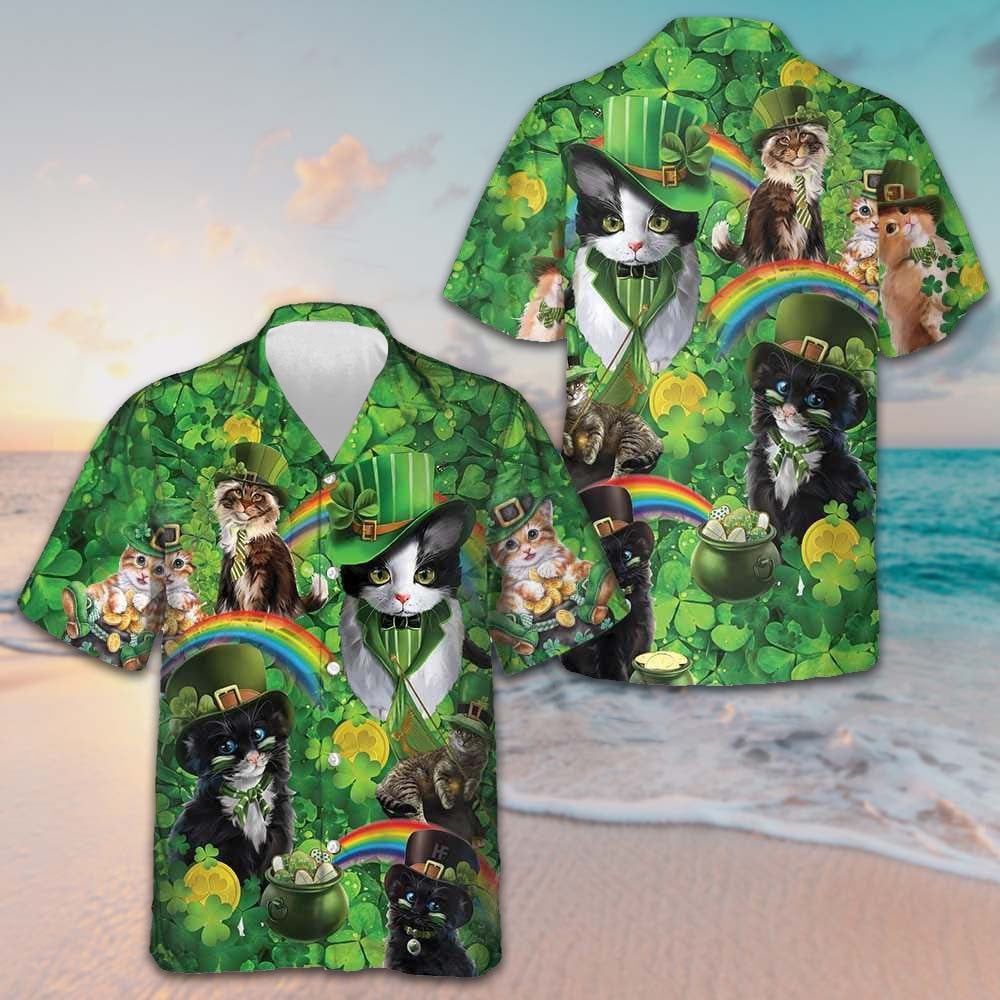 Cats Saint Patrick's Day Hawaiian Shirt Shamrock Button Down Shirt Gifts For Irish Cat Lovers -WearandDecor