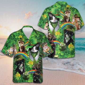 Cats Saint Patrick's Day Hawaiian Shirt Shamrock Button Down Shirt Gifts For Irish Cat Lovers -WearandDecor