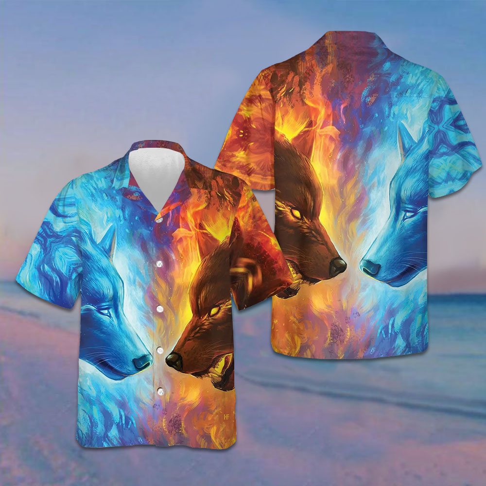 Ice And Fire Wolf Hawaiian Shirt Men's Short Sleeve Button Down Beach Shirts Gifts For Dude -WearandDecor