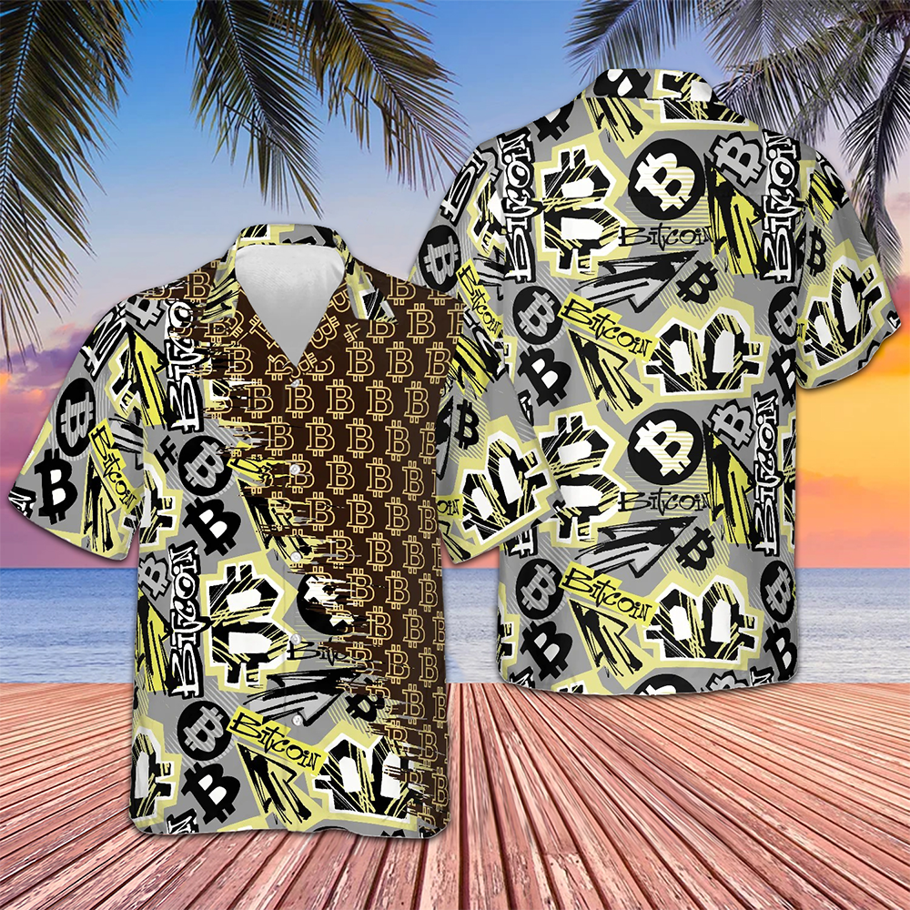 Bitcoin Doodle Funky Pattern Hawaiian Shirt Tropical Button Down Gifts For My Boyfriend -WearandDecor