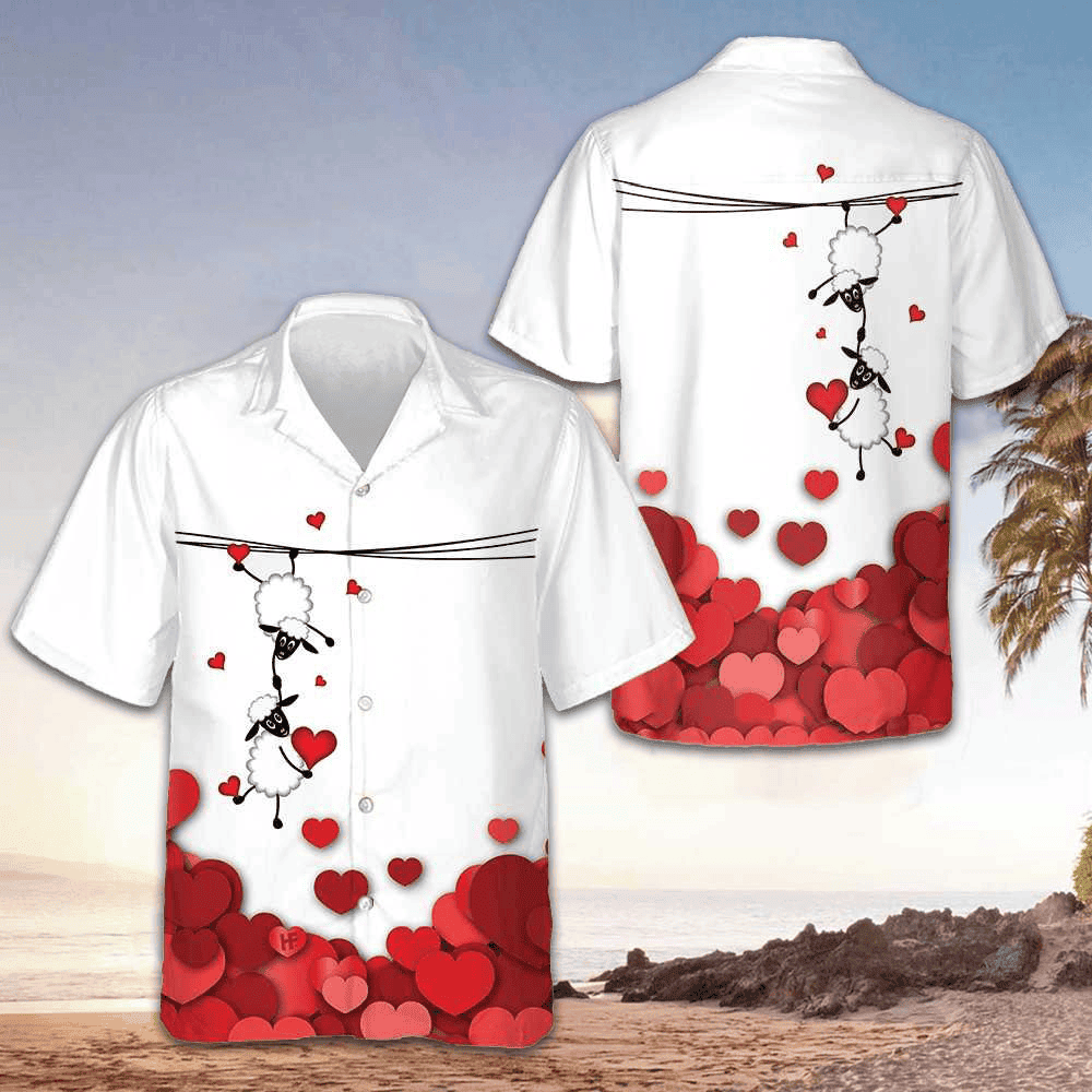 Valentine Sheep With Red Hearts Hawaiian Shirt Valentine Day Shirt Gifts For Couples -WearandDecor
