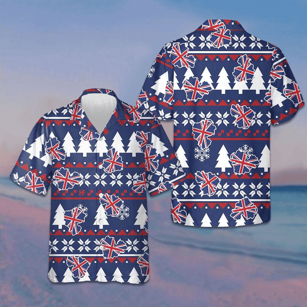 London Ugly Christmas Pattern Hawaiian Shirt England Flag Christmas Shirt Gift For Men -WearandDecor