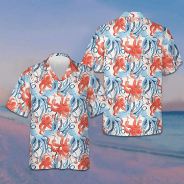 Blue And Red Octopus Seamless Pattern Hawaiian Shirt Funny Octopus Summer Button Up Shirts Mens -WearandDecor