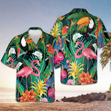 Flamingo Tropical Hawaiian Shirt Mens Beach Button Up Shirts Gifts For Family -WearandDecor