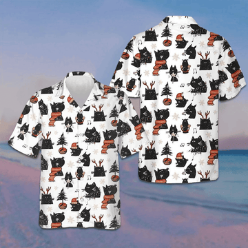 Cartoon Black Cat Merry Christmas Hawaiian Shirt Funny Xmas Cat Shirt Gifts For Cousin -WearandDecor