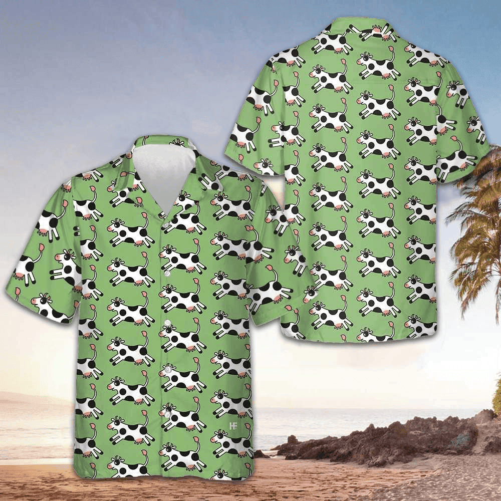 Jumping Cow Hawaiian Shirt Green Button Up Shirt Gifts For Cow Lovers -WearandDecor