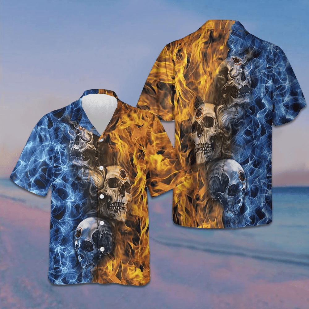 Gothic Skull Fire And Water Hawaiian Shirt Mens Button Up Gifts For Boyfriend -WearandDecor