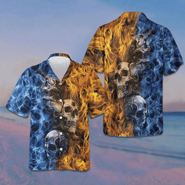 Gothic Skull Fire And Water Hawaiian Shirt Mens Button Up Gifts For Boyfriend -WearandDecor