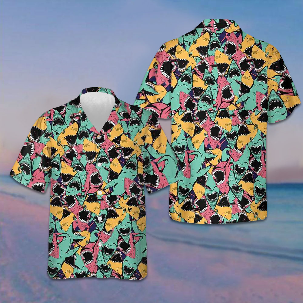 Angry Shark Seamless Pattern Hawaiian Shirt Best Summer Shirts Gifts For Boyfriend -WearandDecor