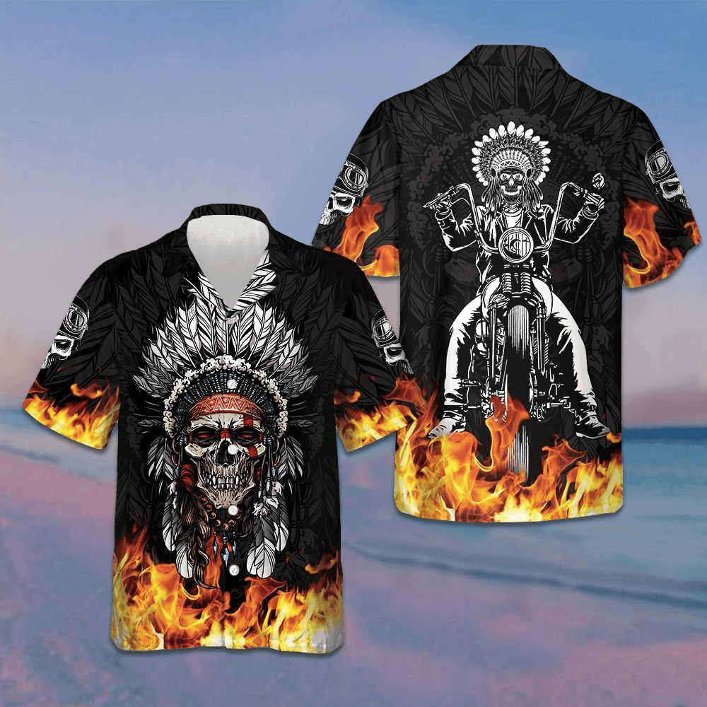 Racing Indian Skull Fire Hawaiian Shirt Flame Skull Biker Shirt Gifts For Him -WearandDecor