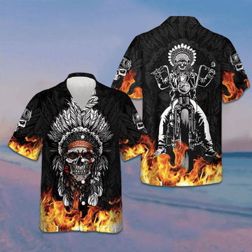 Racing Indian Skull Fire Hawaiian Shirt Flame Skull Biker Shirt Gifts For Him -WearandDecor