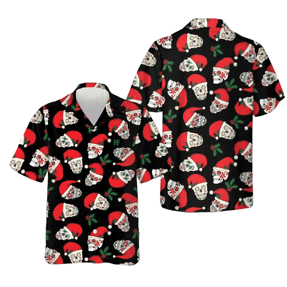 Christmas Sugar Skull Seamless Pattern Hawaiian Shirt Funny Santa Shirt Gifts For Son -WearandDecor