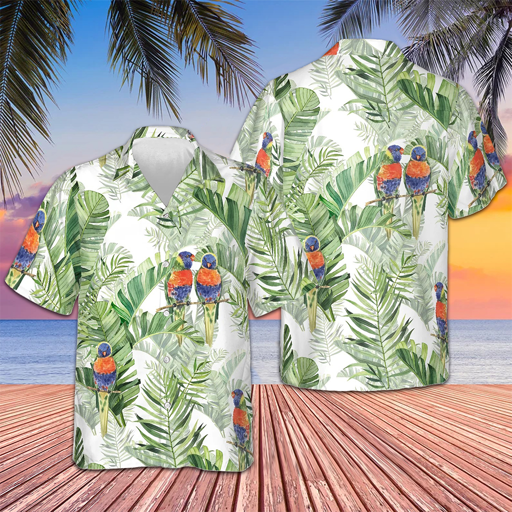 Beautiful Watercolor Parrots In Green Hawaiian Shirt Beach Button Up Shirts For Men -WearandDecor