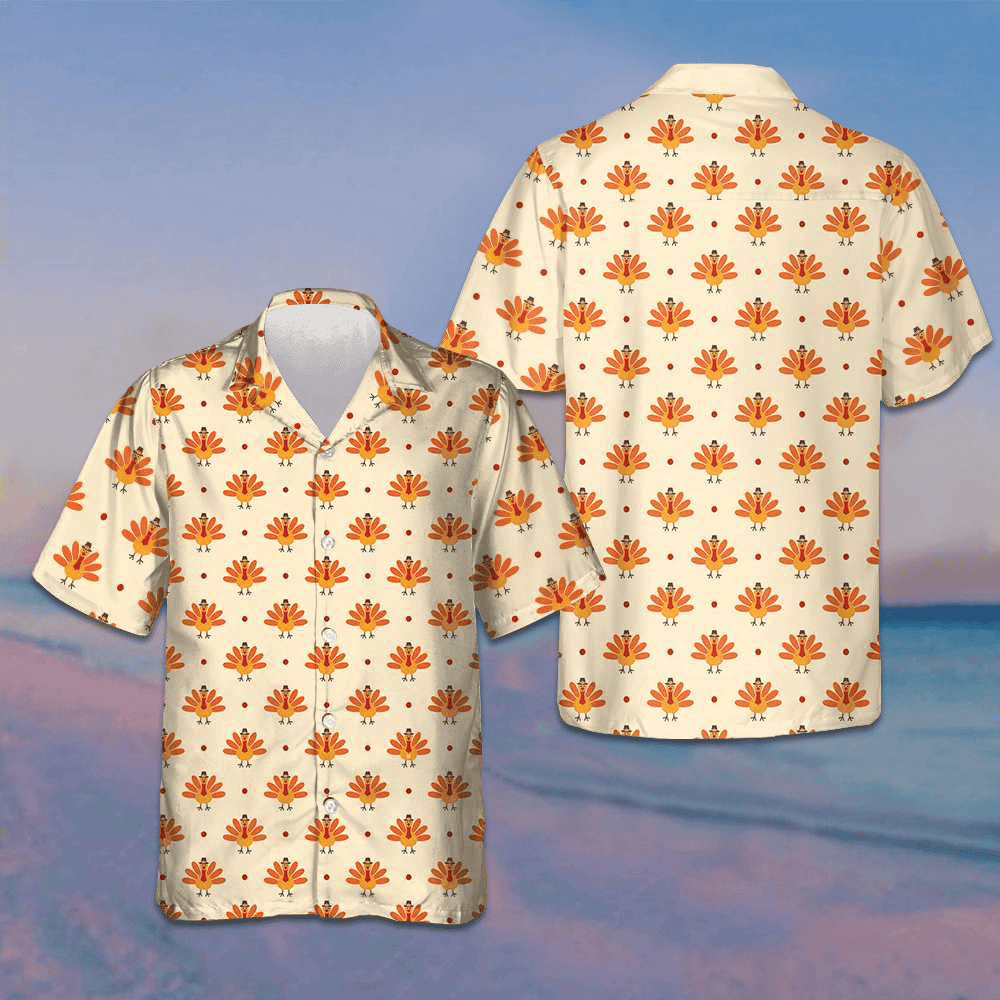 Cartoon Turkey Bird And Polka Dot Hawaiian Shirt Funny Turkey Shirt Gift For Thanksgiving Day -WearandDecor