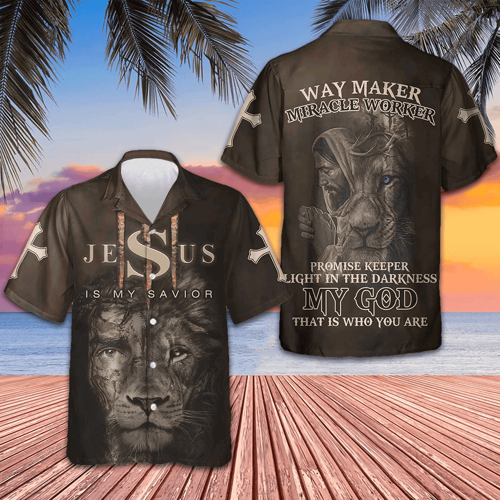 Lion Jesus Is My Savior Hawaiian Shirt Christian Faith Short Sleeve Button Up Men -WearandDecor