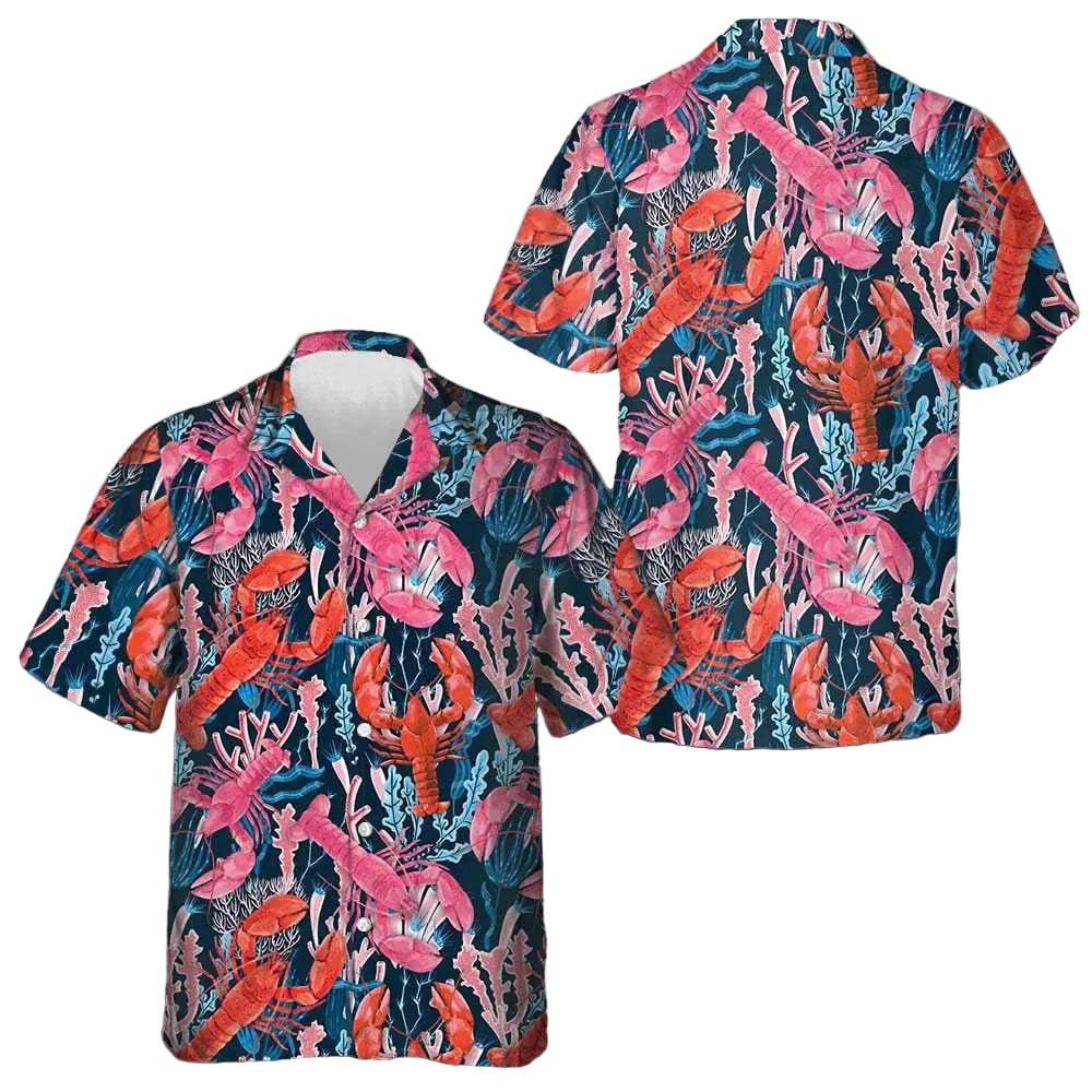 Lobster With Seaweed Pattern Hawaiian Shirt Vacation Button Up Shirt Gifts For Lobster Lovers -WearandDecor