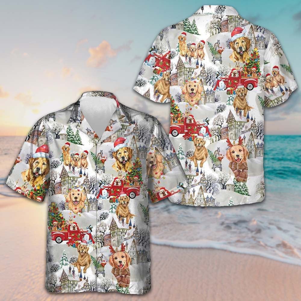 Golden Retriever On Christmas Hawaiian Shirt Button Up Shirts For Men Gifts For Dog Lovers -WearandDecor