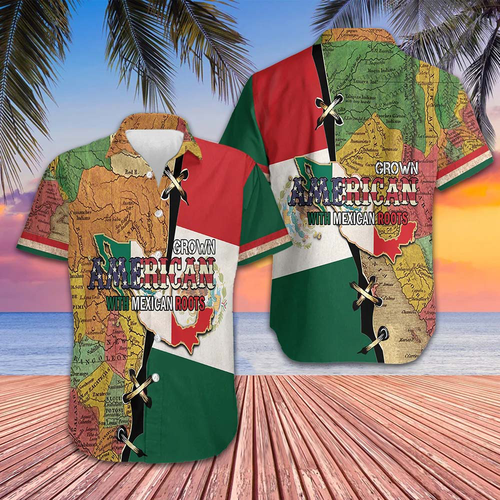 American Grown With Mexican Roots Hawaiian Shirt For Men's Patriotic Button Up Shirt Gift -WearandDecor