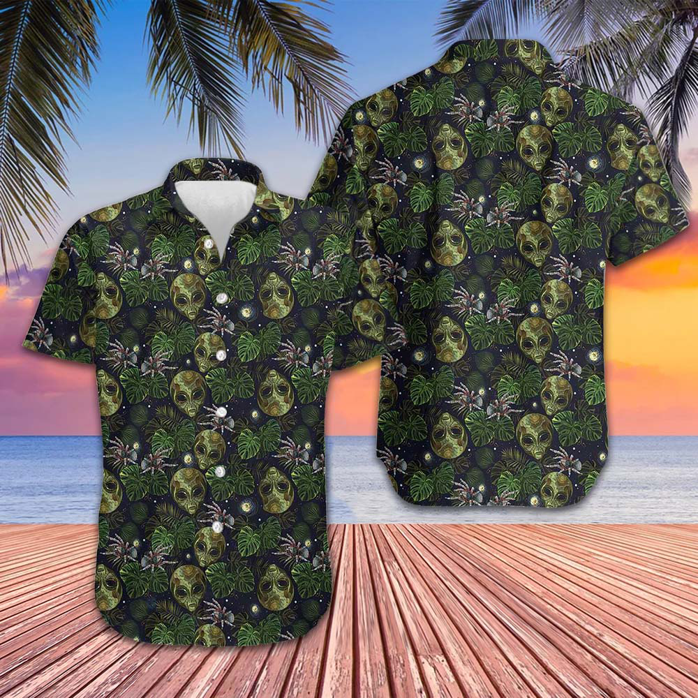 Alien And Spider In Night Tropical Forest Hawaiian Shirt Cool Summer Shirts For Guys Gift -WearandDecor