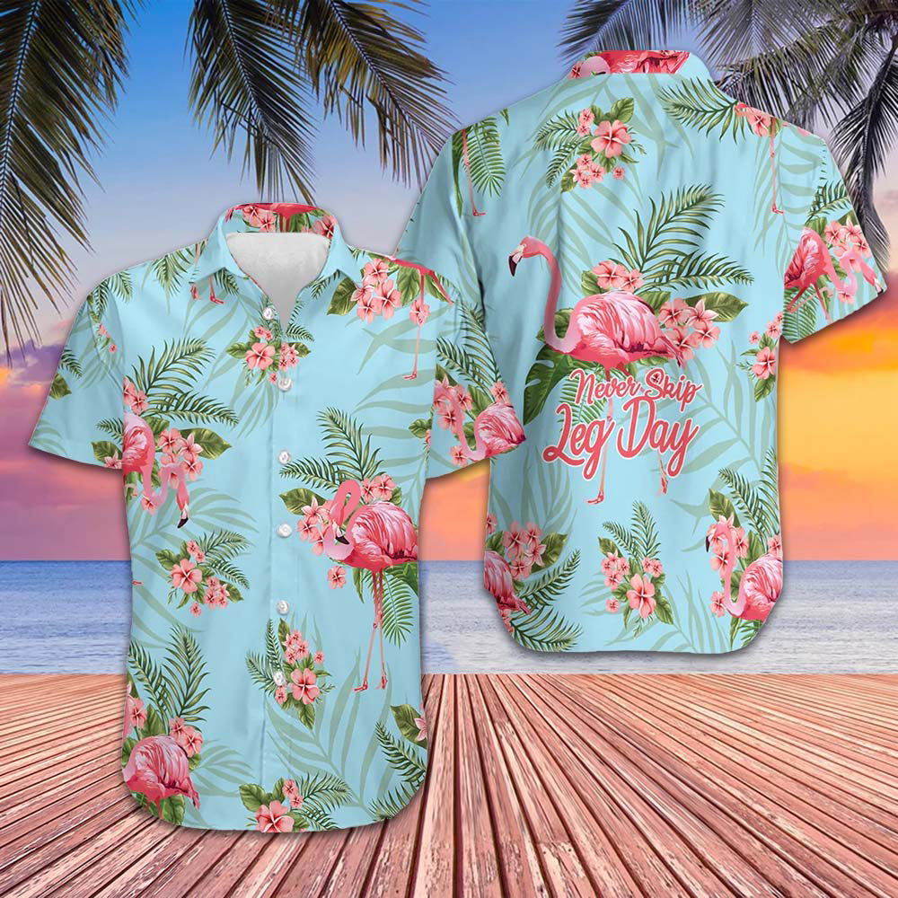 Flamingo Tropical Pattern Hawaiian Shirt Never Skip Leg Day Flamingo Shirt Gifts For Him -WearandDecor