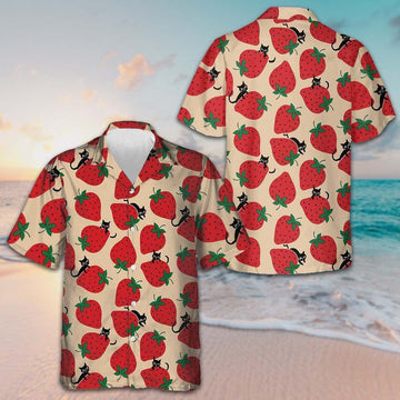 Strawberry And Cat Seamless Pattern Hawaiian Shirt Beach Button Up Shirts Mens Gift -WearandDecor