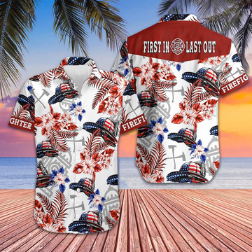 American Flag Firefighter Helmet Pattern Hawaiian Shirt First In Last Out Firefighter Shirt Men -WearandDecor