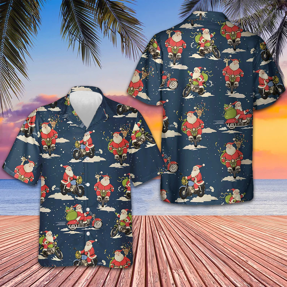 Santa Riding Motorcycle Hawaiian Shirt Merry Christmas Shirts Gifts For Son -WearandDecor