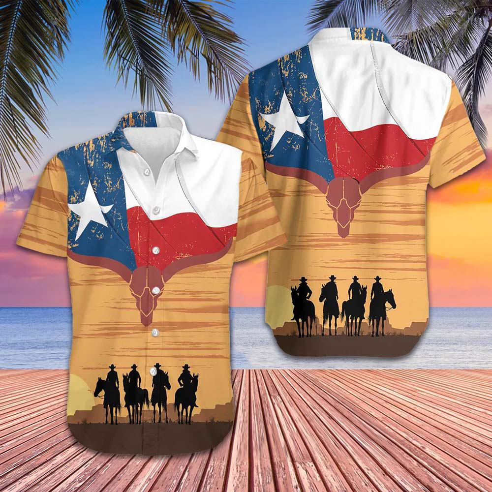 Cowboy Texas Flag Hawaiian Shirt Mens Button Up Shirts Summer Gifts For Texans -WearandDecor