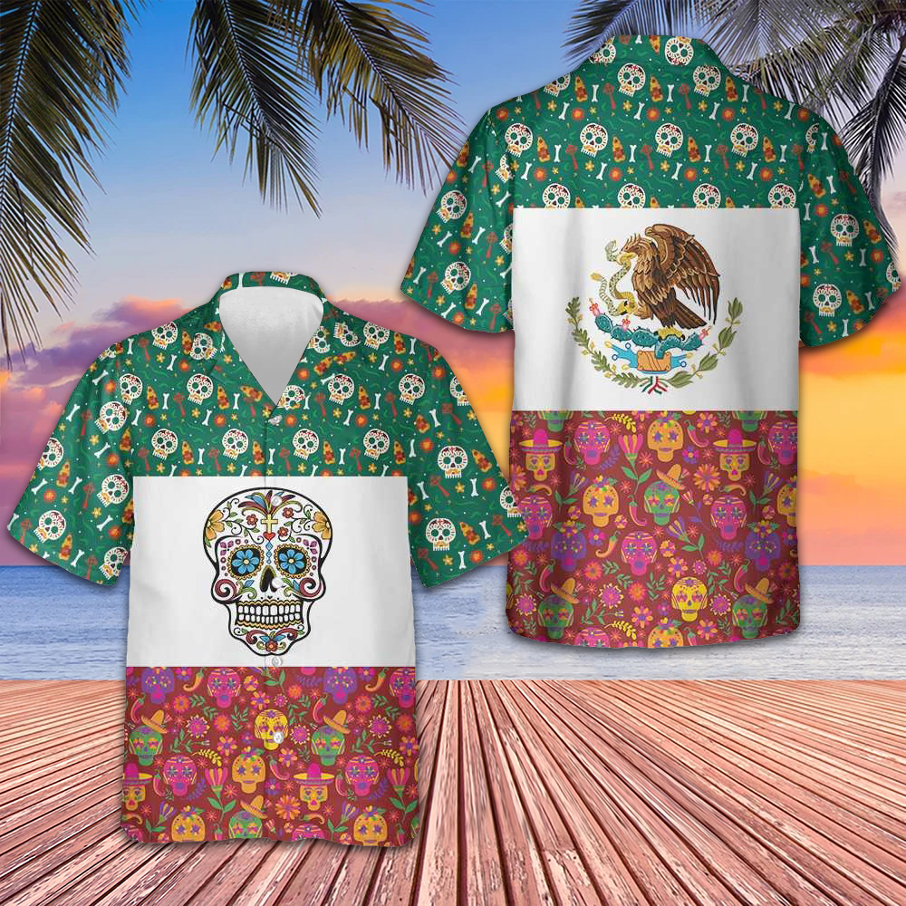 Mexico Flag Dia De Los Muertos Sugar Skull Hawaiian Shirt Day Of The Dead Shirt For Mexican -WearandDecor