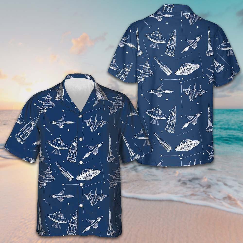 Space Aircraft Seamless Pattern Hawaiian Shirt Navy Aircraft Aviation Shirt Gift For Men -WearandDecor