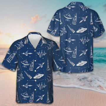 Space Aircraft Seamless Pattern Hawaiian Shirt Navy Aircraft Aviation Shirt Gift For Men -WearandDecor