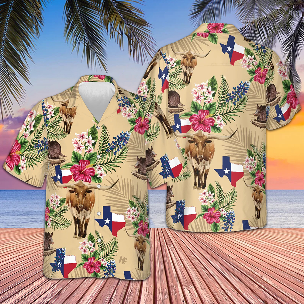 Brown Tribal Pattern Texas Hawaiian Shirt Armadillo And Longhorn Texas State Shirt For Texans -WearandDecor