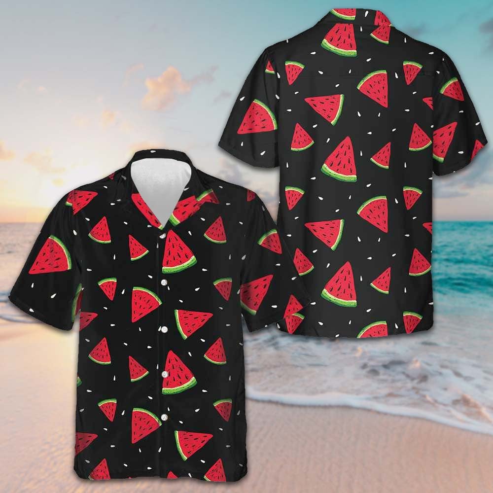 Watermelon Pattern Black Hawaiian Shirt Button Up Beach Shirts Men Gifts For Son -WearandDecor
