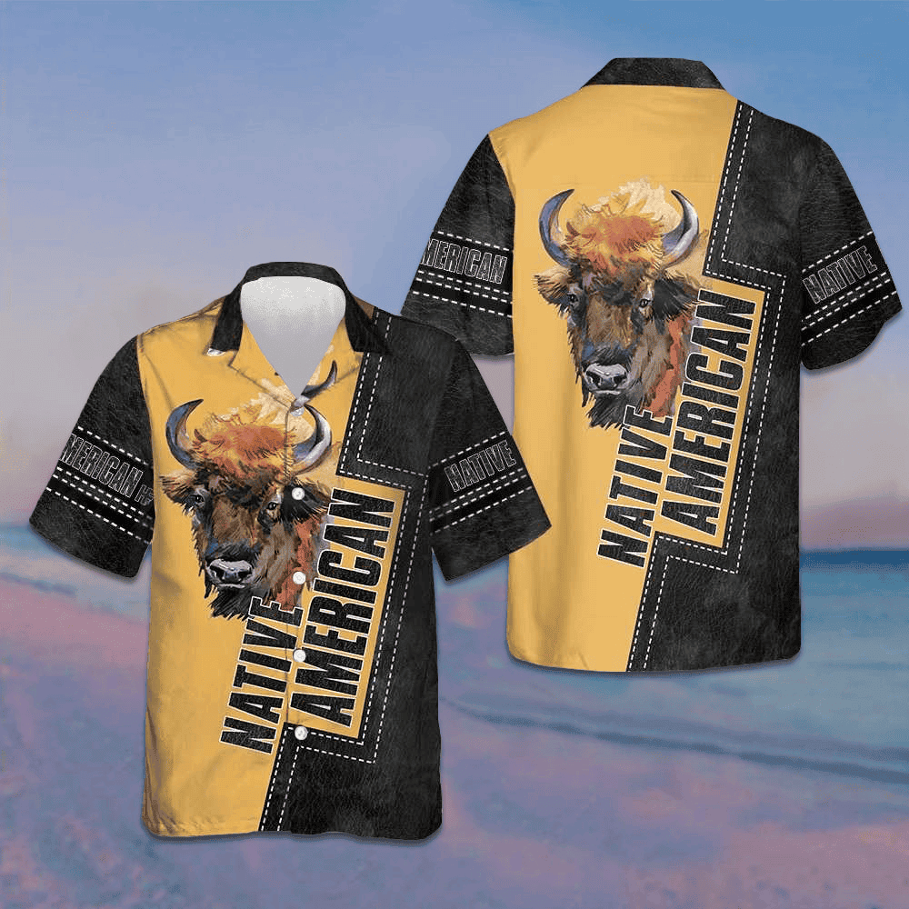Native American Forest Bison Hawaiian Shirt Black And Yellow Button Up Shirt Men's -WearandDecor